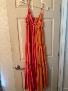 FARM Rio Coral Pink and Yellow Striped Maxi Dress